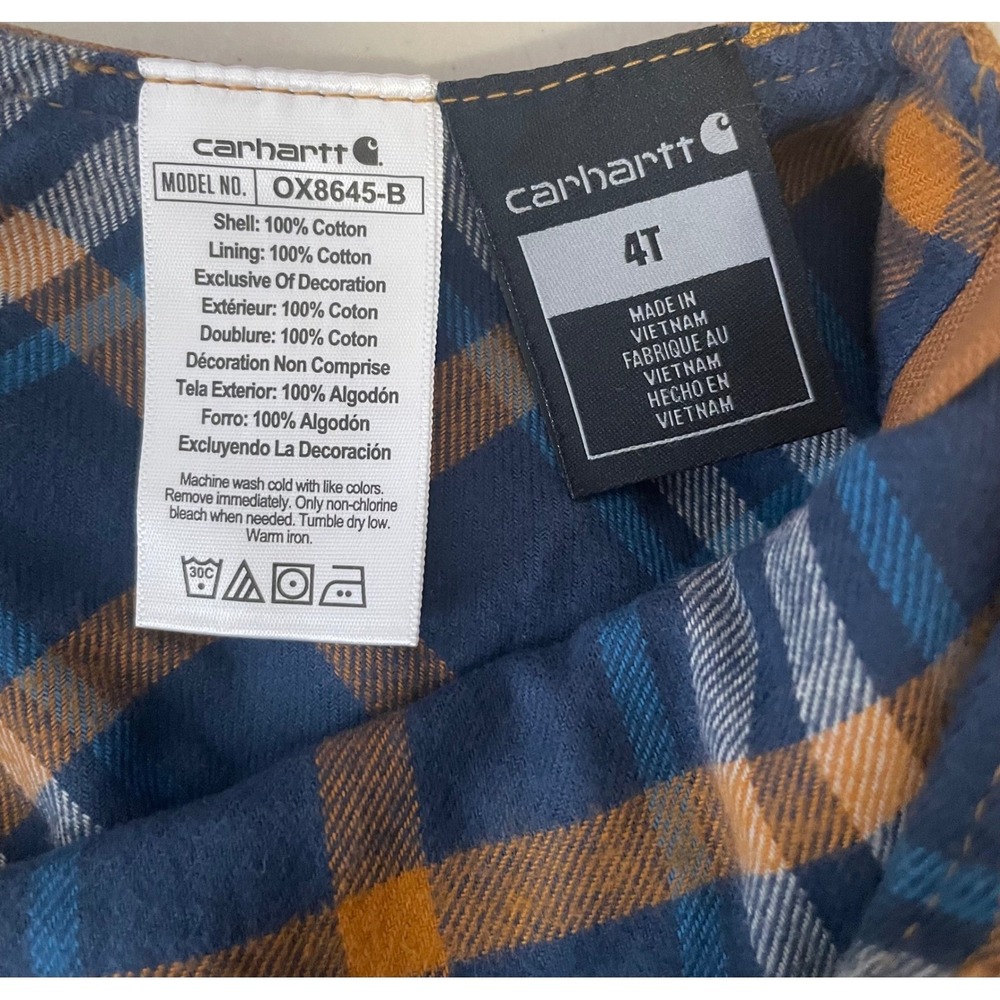 NWT Carhartt Kids Flannel Lined Duck Bib Overalls Brown Plaid Size 4T - Picture 13 of 15